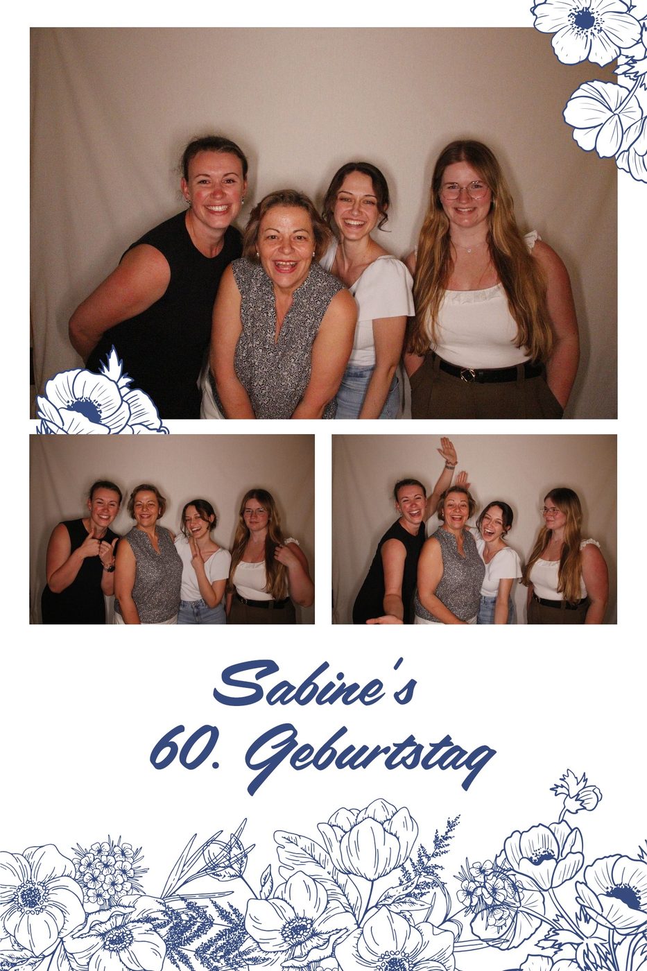 Fotobox-Collage vom 60. Geburtstag: drei Bilder einer lachenden Vierergruppe mit floralem Rahmen.